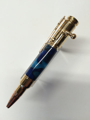 Mini .30 Caliber Bolt Action Pen Gold In Sapphire Blue Silk