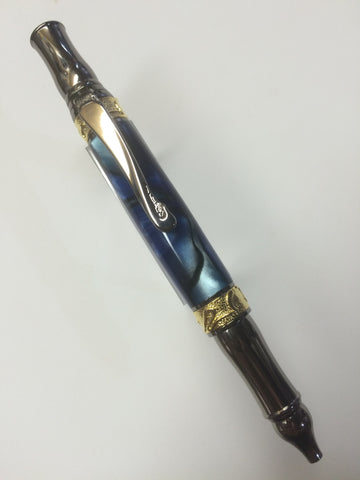 Nouveau Sceptre Twist Pen 24kt Gold & Gun Metal In Sapphire Blue Silk