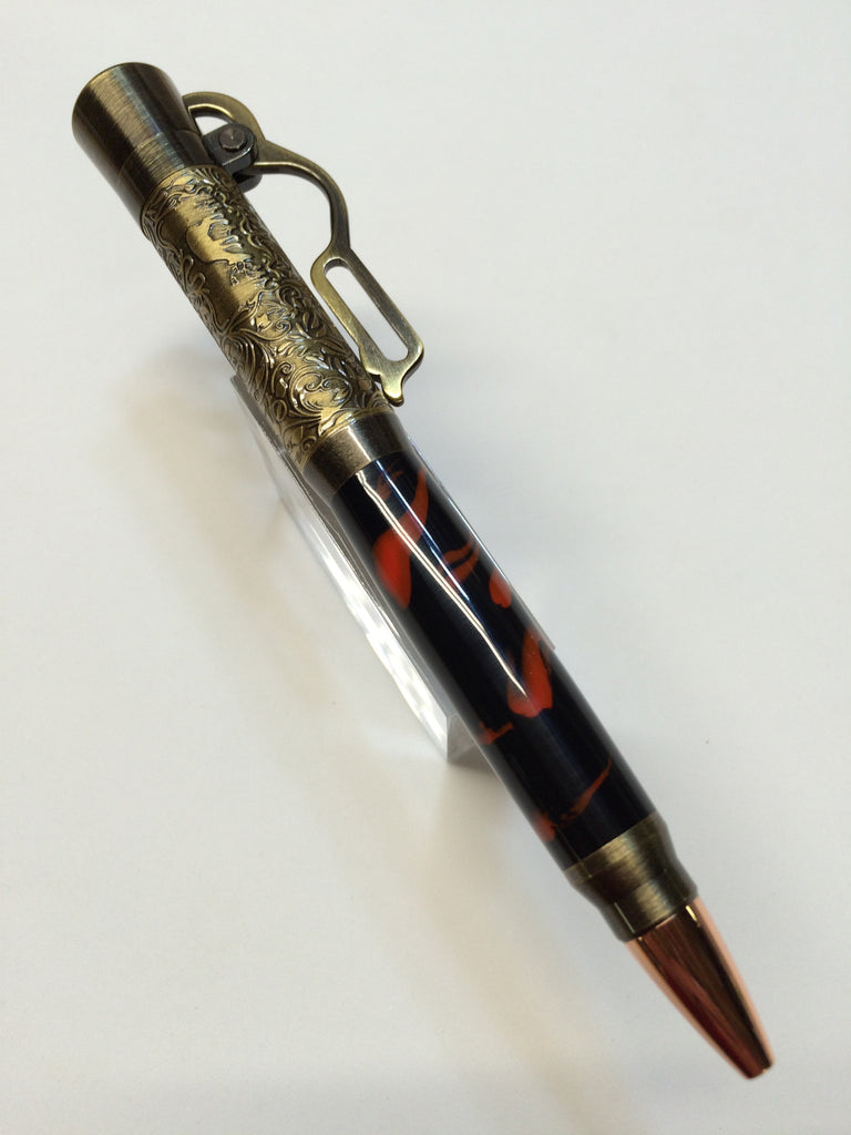Lever Action Pen Antique Brass In Black & Orange Swirl