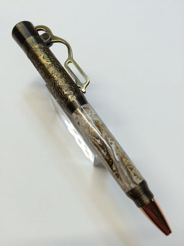 Lever Action Pen Antique Brass In White & Gold Swirl